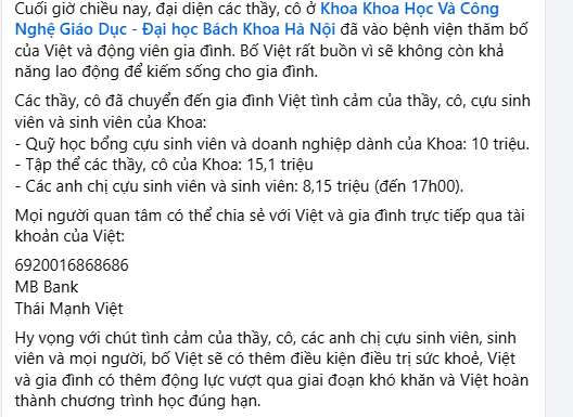 A moving post about Thái Mạnh Việt’s situation on the personal Facebook page of Assoc. Prof. Lê Hiếu Học, Dean of the Faculty of Education Science and Technology, HUST